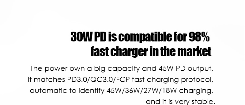 30W PD kompatibel untuk pengisi daya cepat 98% di pasaran