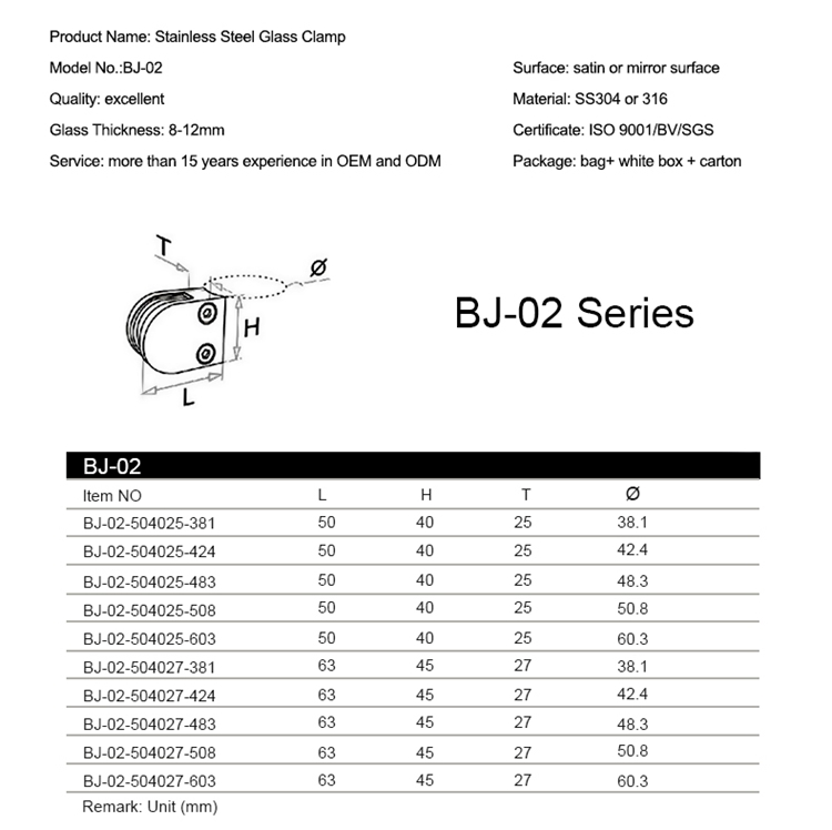 penjepit kaca yang dipasang di dinding stainless steel