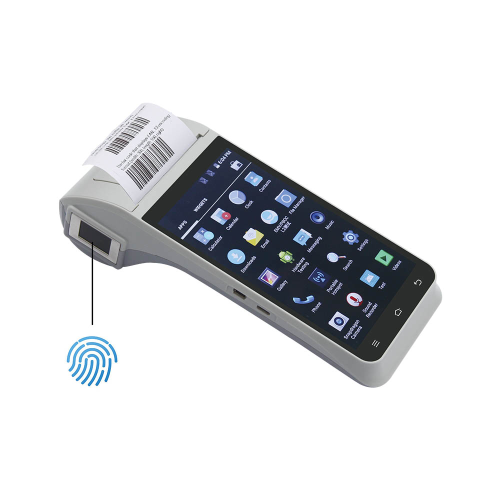 Terminal MPOS Sidik Jari Biometrik 4G Android 9.0 Dual Sim dengan Printer
