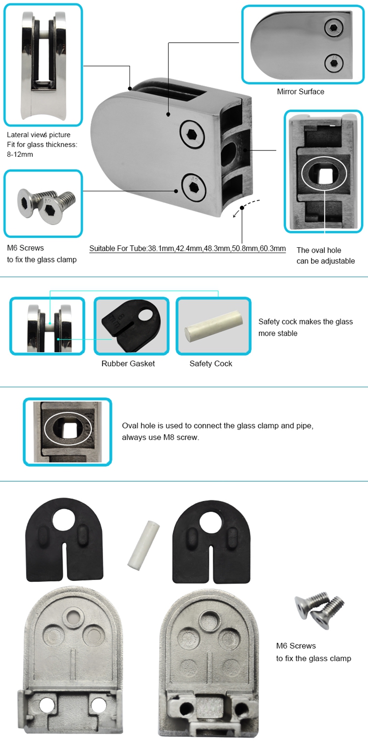 penjepit kaca yang dipasang di dinding stainless steel