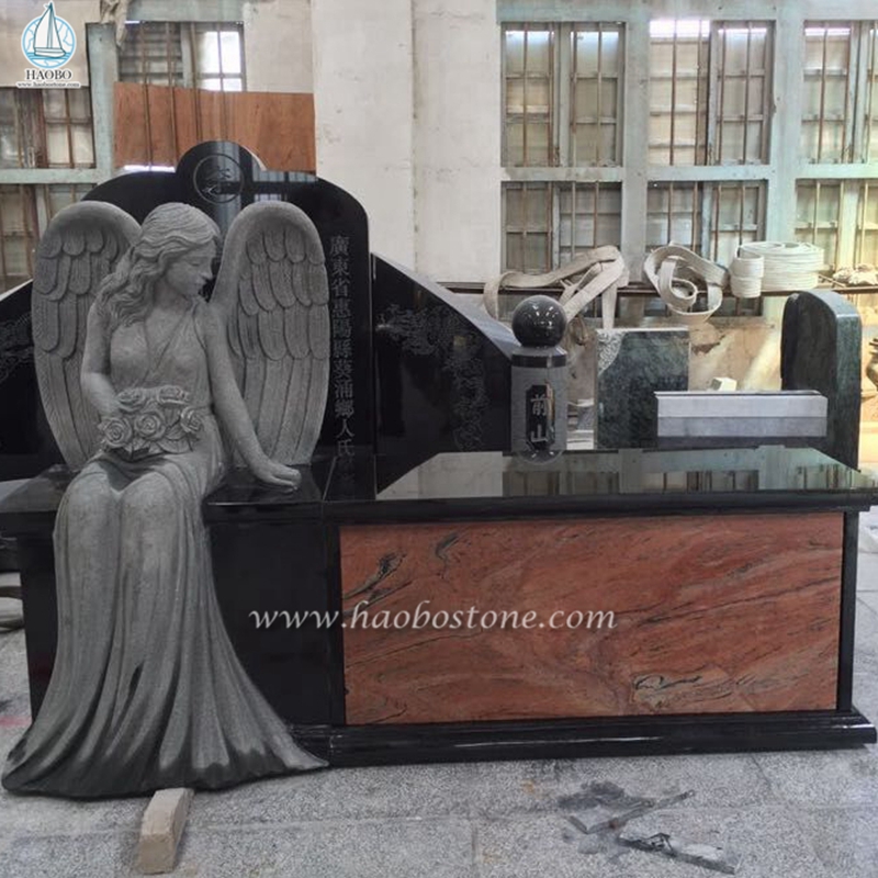 Bangku Monumen Granit Hitam India Dengan Patung Malaikat
