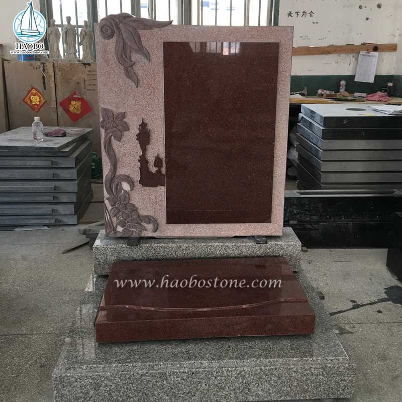 Batu Nisan Pemakaman Ukiran Bunga Granit Merah Gaya Cina

