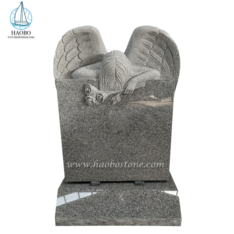 Malaikat Menangis Tunggal Granit Abu-abu dengan Batu Nisan Ukiran Mawar
