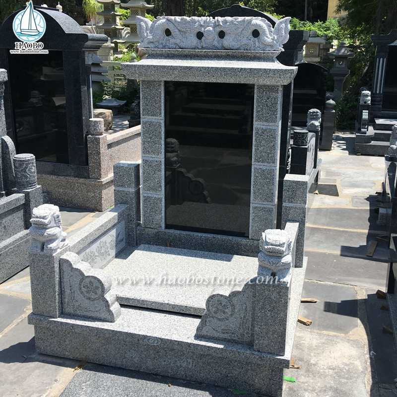 Batu Nisan Pemakaman Ukiran Naga Granit Abu-abu Gaya Asia
