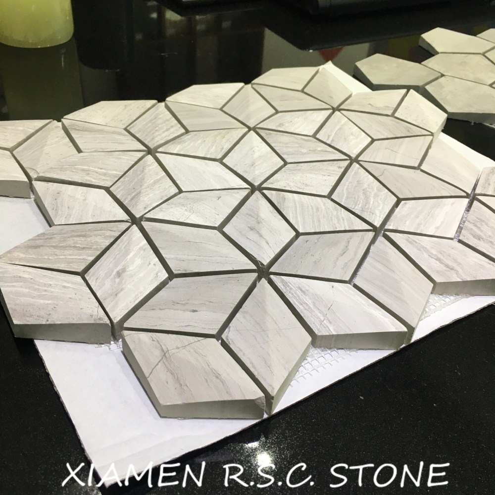 Putih Kayu Vena Marmer Bentuk Hexagon Stereoscopic Mosaik Putih Kayu Vena Marmer Bentuk Hexagon Stereoscopic Mosaic