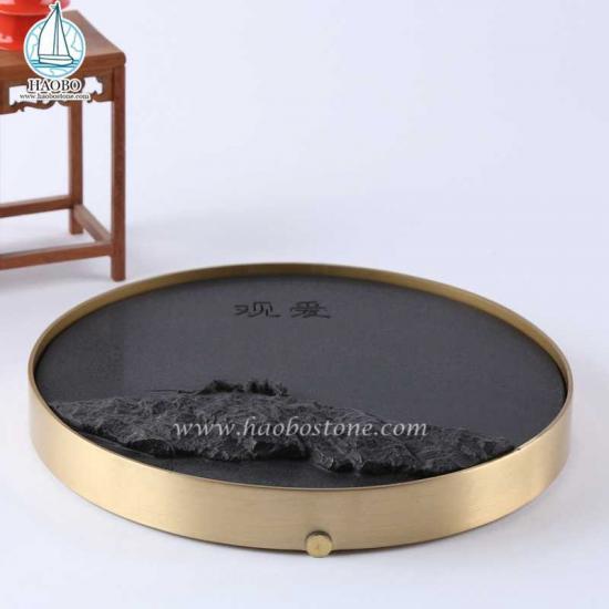 Black Granite China Design Insect Ukiran Batu Nampan Teh
