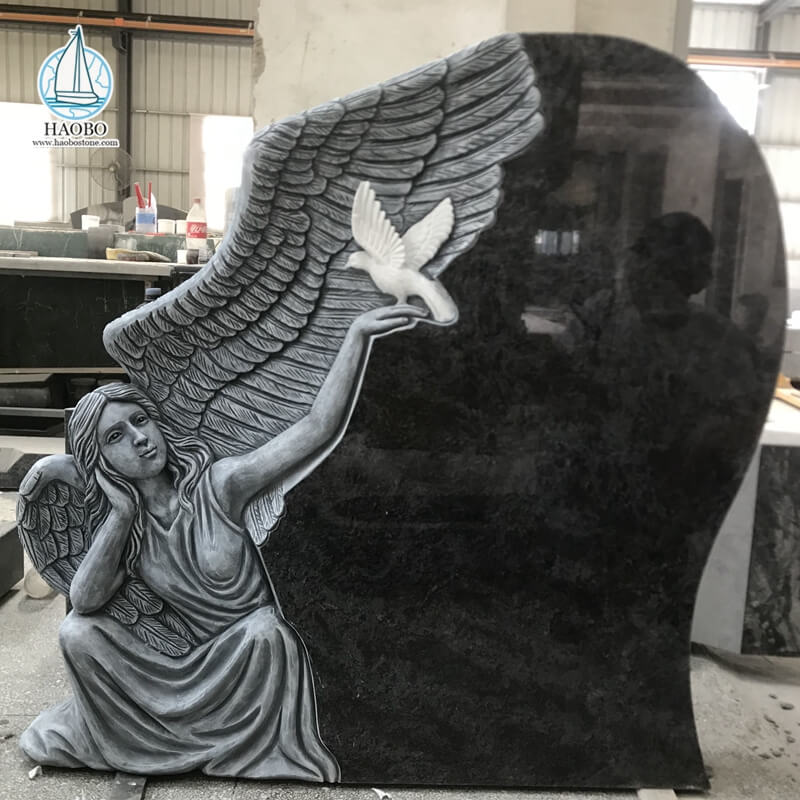 Malaikat Granit Hitam dengan Batu Nisan Pemakaman Ukiran Dove
