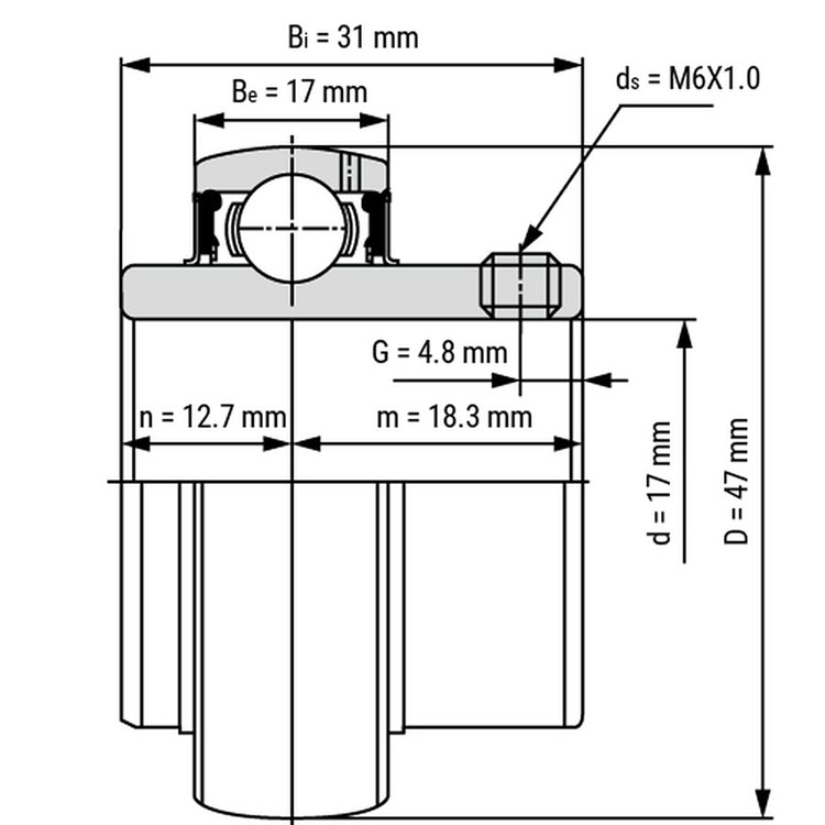 Masukkan dimensi Ball Bearing UC203